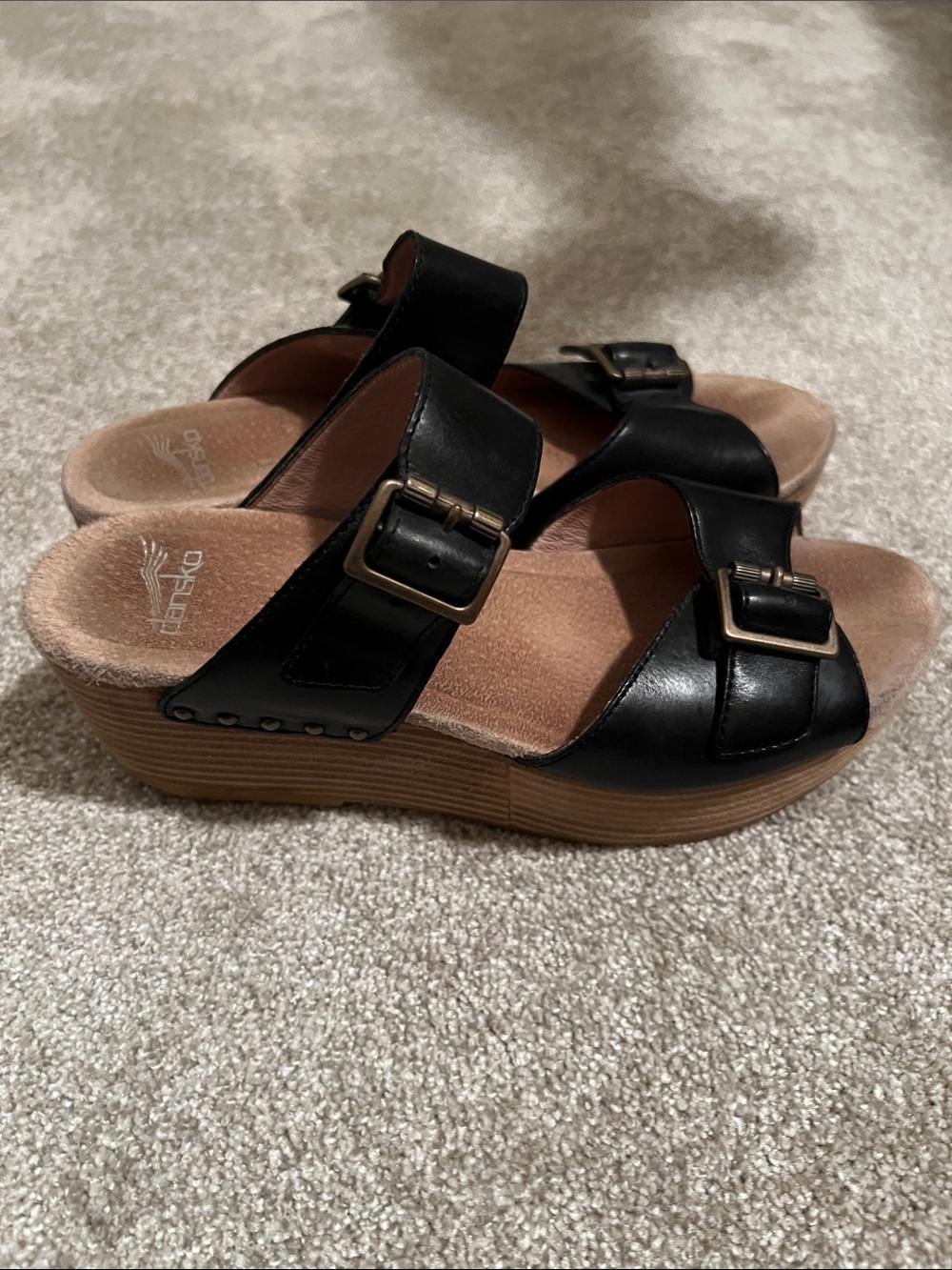 Dansko Black Double-Buckle Slide wedge Sandals - Picture 2 of 8